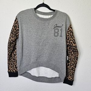 Guess‎ 81 Womens Gray Sweatshirt Brown Leopard Accent Sleeve S Small New